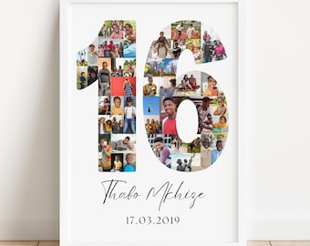 May include: A framed photo collage in a white frame. The collage is in the shape of the number 16, filled with various photos. Below the number is the name "Thabo Mkhize" and the date "17.03.2019" in black script.