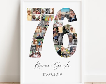 May include: A framed print with the number 76 filled with various photos. The name "Kieran Singh" and the date "17.03.2019" are written in cursive below the number. The frame is white, and the background is also white.