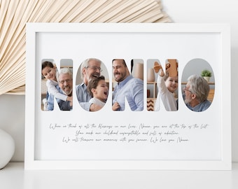 May include: A white framed photo collage with the word "NONNO" spelled out in large letters. Each letter is filled with a different photo of a family. The text below the photos reads "When we think of all the blessings in our lives, Nonno, you are at the top of the list. You made our childhood unforgettable and full of adventure. We will treasure our memories with you forever. We love you Nonno."
