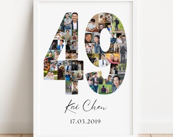 May include: A framed print featuring the number "49" composed of numerous small photographs. Below the number, the name "Kai Chen" is written in cursive, with the date "17.03.2019" underneath. The frame is white.