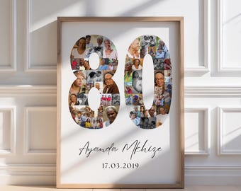 May include: A framed print featuring the number 80 composed of numerous small photos. Below the number, the name "Ayanda Mkhize" and the date "17.03.2019" are written in elegant script. The frame is a light brown color.