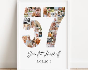 May include: White framed photo collage featuring the number "57" filled with various photos. Below the numbers is the name "Scarlett Haskell" and the date "17.03.2019" in a cursive font. The photos are of people of different ages.