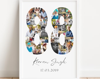 May include: A framed photo collage featuring the number 88, composed of numerous small photos. The name "Kieran Singh" and the date "17.03.2019" are written in cursive below the numbers. The frame is white.