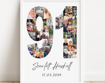 May include: A framed white print featuring a collage of photos forming the number 91. The photos are of an elderly person. The name "Scarlett Haskell" and the date "17.03.2019" are written in cursive below the number.