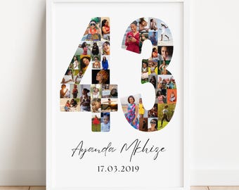 May include: White framed print featuring the number 43 filled with various photos. The name "Ayanda Mkhize" and the date "17.03.2019" are written in cursive script below the number.