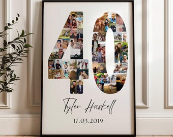 May include: A framed print featuring the number 40 composed of numerous small photographs. Below the number, the name "Tyler Haskell" is written in cursive, with the date "17.03.2019" beneath it. The frame is black, and the background is white.