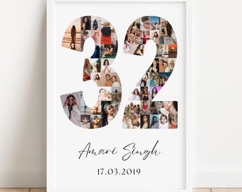 May include: A framed photo collage featuring the number "32" filled with multiple small photos. The name "Amari Singh" and the date "17.03.2019" are written in cursive below the number. The frame is white.