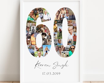 May include: A framed photo collage featuring the number "60" filled with numerous small photos. Below the number are the words "Kieran Singh" and the date "17.03.2019" in a script font. The frame is white.