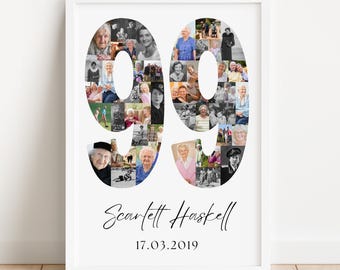 May include: A framed print featuring the number "99" composed of numerous small photos. The name "Scarlett Haskell" and the date "17.03.2019" are written below the number in elegant script. The print is in a white frame.