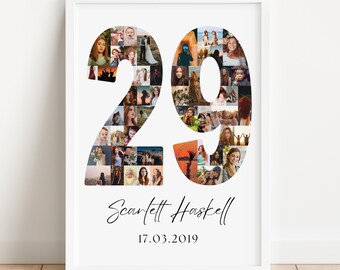May include: A framed print featuring the number "29" filled with various photos. Below the number is the name "Scarlett Haskell" and the date "17.03.2019" in a handwritten style font. The print is in a white frame.