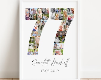 May include: A framed photo collage in a white frame. The collage is in the shape of the number 77, filled with various photos. Below the number is the name "Scarlett Haskell" and the date "17.03.2019" in black script.