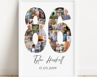May include: A framed white print featuring the number "86" filled with various photos of an elderly person. Below the number is the name "Tyler Haskell" and the date "17.03.2019" in a script font.