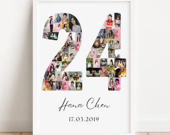 May include: A framed white print featuring the number "24" filled with small photos. Below the number is the name "Hana Chen" and the date "17.03.2019" in a script font. The photos appear to be of a person.