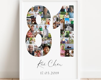 May include: A framed photo collage featuring the number 81 filled with various photos. The name "Kai Chen" and the date "17.03.2019" are written in cursive below the number. The frame is white.