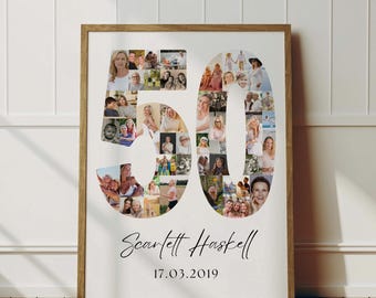 May include: A framed print featuring the number "50" composed of numerous small photographs. The name "Scarlett Haskell" and the date "17.03.2019" are written in cursive below the number. The frame is a light brown color.