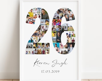 May include: A framed photo collage featuring the number "26" filled with various photos. Below the number is the name "Kieran Singh" in cursive, and the date "17.03.2019". The frame is white, and the background is a light color.