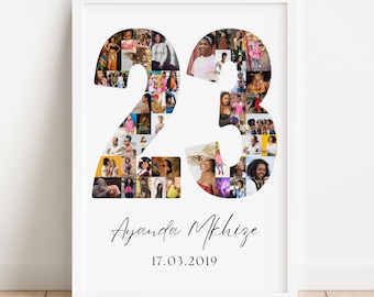 May include: A framed photo collage featuring the number "23" filled with various photos of people. Below the number is the name "Ayanda Mkhize" and the date "17.03.2019" in a script font. The frame is white.