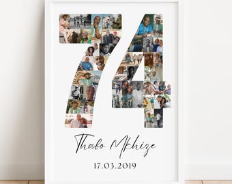 May include: A framed white print featuring the number 74 composed of multiple photographs. The name "Thabo Mkhize" and the date "17.03.2019" are written in black script below the number.