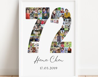 May include: A framed white print featuring a collage of photos forming the number 72. The photos are of various people. Below the number is the name "Hana Chen" and the date "17.03.2019" in a cursive font.