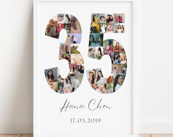 May include: A framed white print featuring the number 35, composed of numerous small photos. Below the number is the name "Hana Chen" and the date "17.03.2019" in a script font. The frame is white, and the background is a light color.