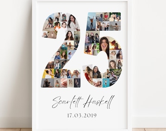May include: A framed white print featuring a collage of photos forming the number 25. The name "Scarlett Haskell" and the date "17.03.2019" are written below the number in a cursive font. The photos are of a woman.