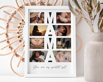 May include: White picture frame with a collage of photos of a family. The photos are arranged in the shape of the word "MAMA". The text "You are my greatest gift." is printed below the photos.