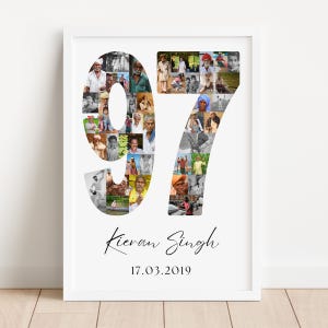 Puede incluir: Un collage de fotos enmarcado con el número "97" compuesto por numerosas fotos pequeñas. Debajo del número está el nombre "Kieran Singh" y la fecha "17.03.2019" en una fuente manuscrita. El marco es blanco.