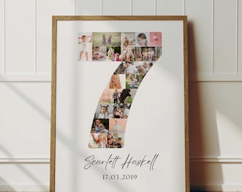 May include: A framed print featuring a collage of photos arranged in the shape of the number seven. The print includes the name "Scarlett Haskell" and the date "17.03.2019" in a script font. The frame is a light brown color.