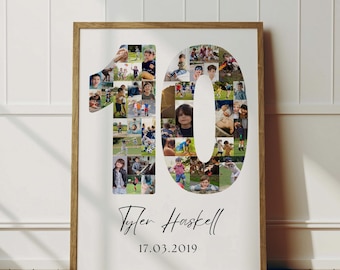 May include: A framed photo collage featuring the number 10 filled with multiple small photos. The name "Tyler Haskell" and the date "17.03.2019" are written below the number. The frame is made of wood.