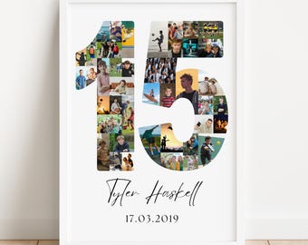 May include: A framed photo collage in the shape of the number 15, filled with various photos. The name "Tyler Haskell" and the date "17.03.2019" are written below the number in black script. The frame is white.