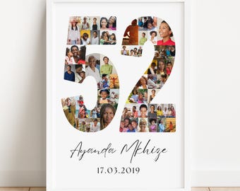 May include: White framed print featuring the number "52" filled with various photos of people. The name "Ayanda Mkhize" and the date "17.03.2019" are written in cursive below the number.