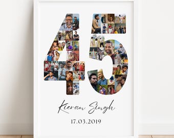 May include: A framed photo collage featuring the number "45" filled with multiple small photos. The name "Kieran Singh" and the date "17.03.2019" are written in cursive below the number. The frame is white.