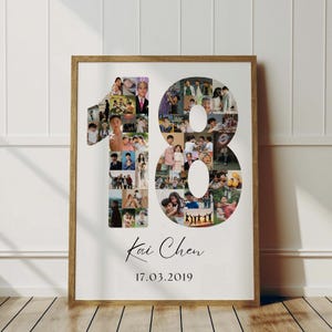 May include: A framed photo collage featuring the number "18" filled with various photos. The name "Kai Chen" and the date "17.03.2019" are written below the number in elegant script. The frame is a warm brown color.