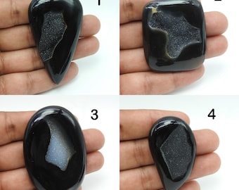 Cabochão de ágata drusa de ônix preto, pedras de quartzo brilhantes para confecção de joias.