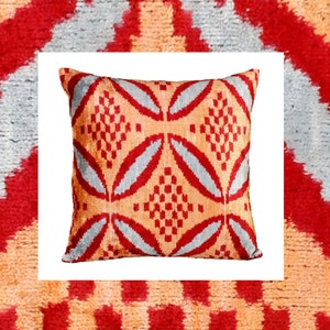 Handwoven Velvet Ikat Pillow: Orange & Blue Floral Throw Pillow