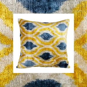 Amber velvet pillow,Navy yellow throw pillow,Yellow ikat pillow,Throw pillow for couch,Velvet pillow yellow 24x24,