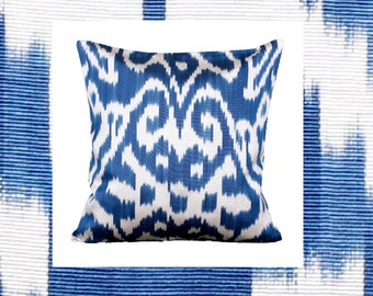 Blue patterned pillow cover,Silk ikat pillow cover blue,Blue pillow cover for couch,Blue pillow 20x20,decorative pillow cover blue white