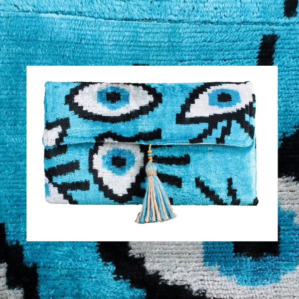 Velvet ikat bag,Evil eye Clutch bag,Turquoise ikat bag,Blue velvet bag,Canvas Clutch bag,