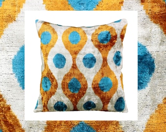 Rust velvet ikat pillow,Rust and blue pillow,Orage velvet pillow,Blue rust throw pillow,ikat pillow velvet 22x22