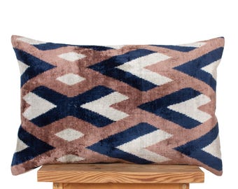 Navy Blue Ikat Pillow Cover | Taupe Brown Velvet Decorative Cushion