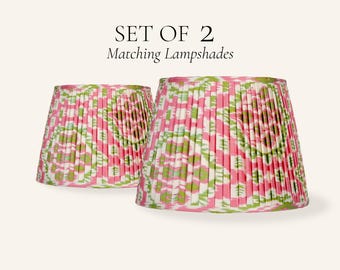 Set of 2 Pink Green Ikat Pleated Silk Lamp Shades, Handmade Matching Lampshades
