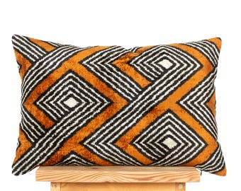Rust Orange Ikat Pillow Cover | Black Diamond Velvet Cushion