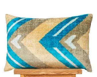 Teal Blue Cream Ikat Pillow Cover | Geometric Silk Velvet Cushion