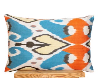 Turquoise Orange Silk Ikat Pillow Cover | Abstract Geometric Cushion