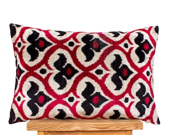 Red Black Ikat Pillow Cover | Damask Velvet Accent Cushion