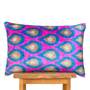 Ikat Pillow Cover Pink | Pink Blue Pillow Cover | Throw Pillow Covers | Pink Decorative Pillow | Lumbar Ikat Pillow | Velvet Pillow Pink |