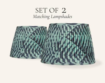 Set of 2 Aqua Teal Ikat Pleated Silk Lamp Shades, Handmade Matching Lampshades