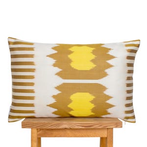 Handwoven Silk Ikat Pillow Cover: Mustard Yellow Abstract Cushion (22x22)