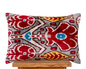 Red Floral Ikat Pillow Cover | Gray Velvet Decorative Cushion