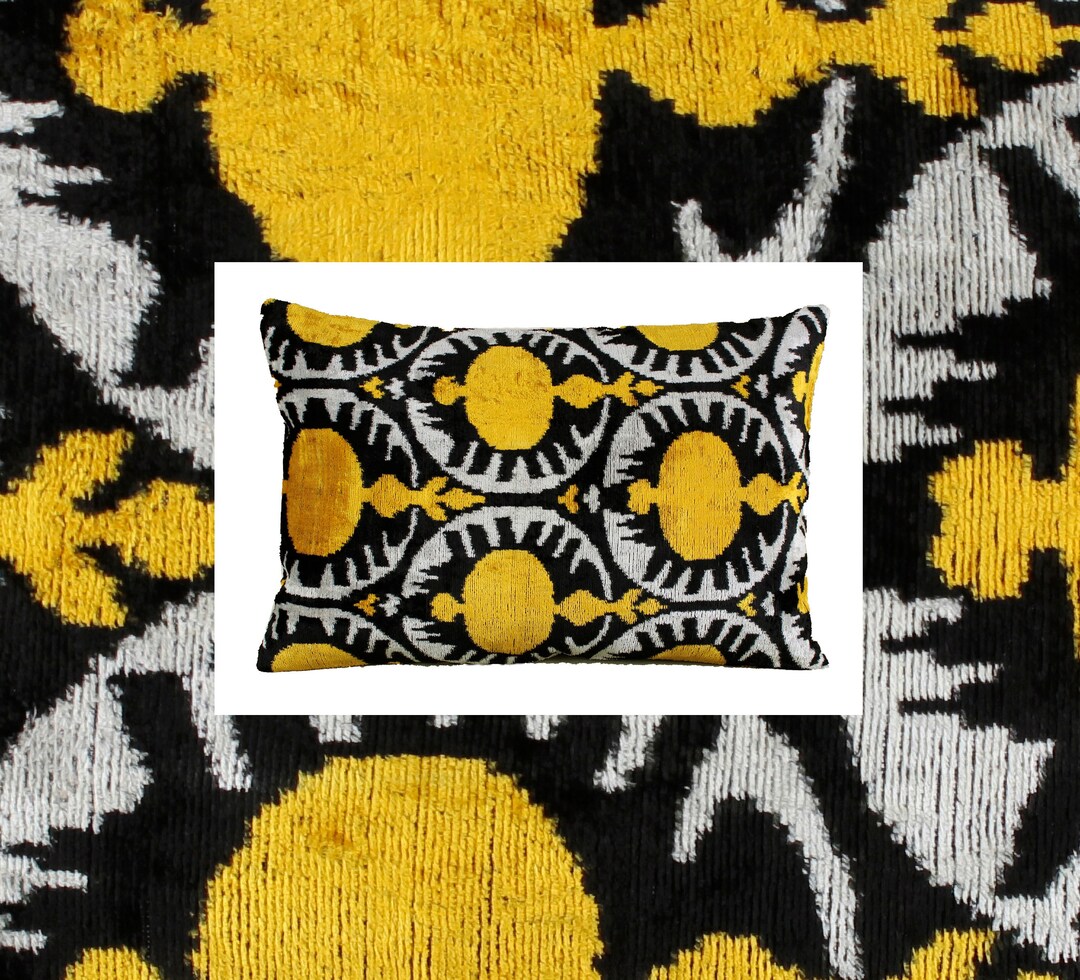 Yellow Velvet Ikat Pillow,yellow and Black Pillow Cover,yellow Couch Pillow,yelllow Velvet